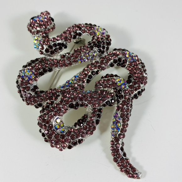 Giant Multi Plum and Pink Rhinestone Snake Serpent pin brooch - Picture 7 of 9